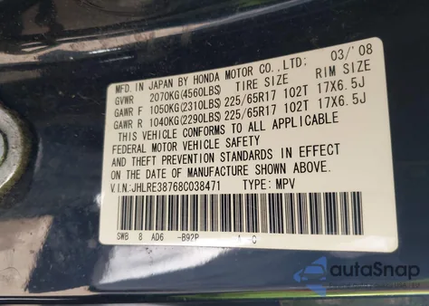 2008 Honda Cr-V Ex-L from USA, damaged, VIN JHLRE38768C038471